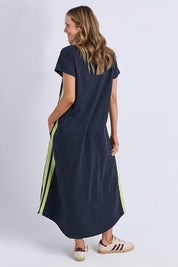 A model wearing the Leisure Recovery Cotton Dress in colour Navyyellow (Blue), from the back