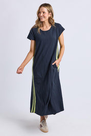 A model wearing the Leisure Recovery Cotton Dress in colour Navyyellow (Blue), from the front, showing the whole outfit