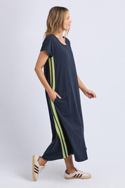 A model wearing the Leisure Recovery Cotton Dress in colour Navyyellow (Blue), from the front, showing the whole outfit