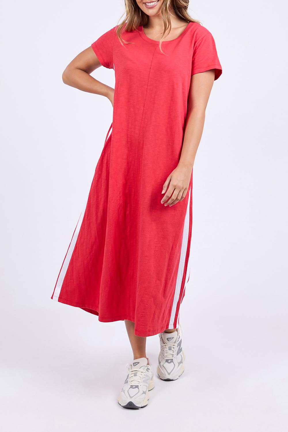 A model wearing the Leisure Recovery Cotton Dress in colour Red (Red), from the front, cropped image