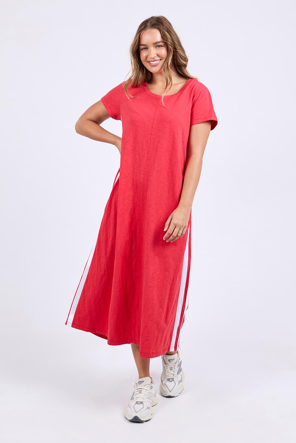 A model wearing the Leisure Recovery Cotton Dress in colour Red (Red), from the front, showing the whole outfit
