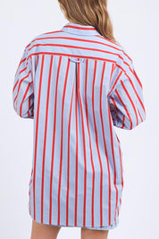 A model wearing the Leisure Stripe Cotton Blend Shirt in colour Bluered (Blue), from the back