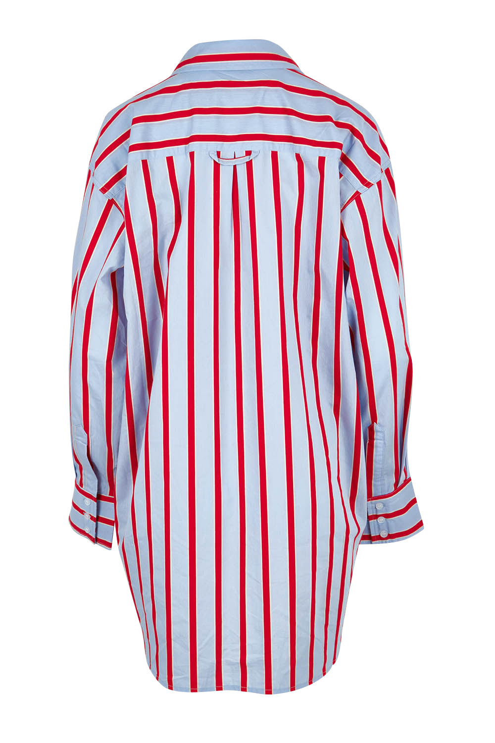 Product shot of the Leisure Stripe Cotton Blend Shirt in colour Bluered (Blue), from the back