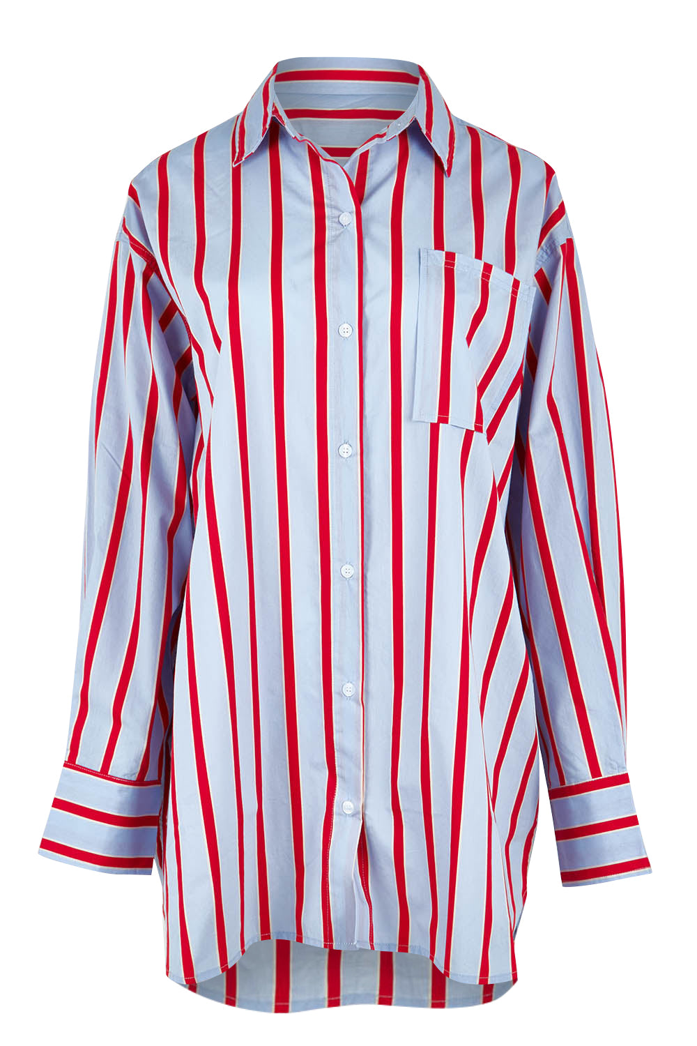 Product shot of the Leisure Stripe Cotton Blend Shirt in colour Bluered (Blue), from the front