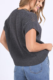A model wearing the Isla Knit Vest in colour Charcoal (Black), from the back