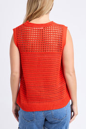 A model wearing the Chilli Cotton Knit Top in colour Tangelo, from the back