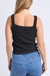 A model wearing the Polperro Cotton Knit Top in colour Black (Black), from the back