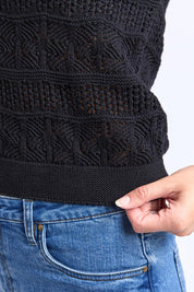 A model wearing the Polperro Cotton Knit Top in colour Black (Black), from the front, cropped image