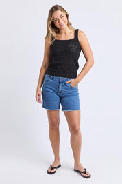 A model wearing the Polperro Cotton Knit Top in colour Black (Black), from the front, showing the whole outfit