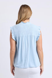 A model wearing the Airlie Cotton Blend Top in colour Crystalblu (Blue), from the back