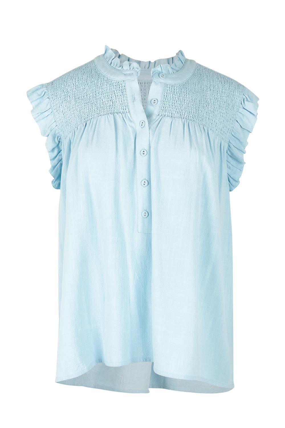 Product shot of the Airlie Cotton Blend Top in colour Crystalblu (Blue), from the front