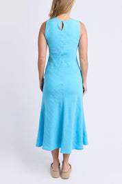 A model wearing the Azure Linen Blend Dress in colour Azureblue (Blue), from the back