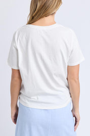 A model wearing the Est 2018 Cotton Tee in colour Vintgwht (White), from the back