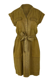 Product shot of the Dakota Lyocell Linen Dress in colour Darkolive (Green), from the front