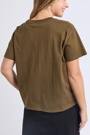 A model wearing the Arlington Cotton Tee in colour Darkolive (Green), from the back