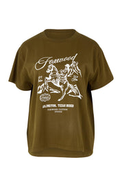 Product shot of the Arlington Cotton Tee in colour Darkolive (Green), from the front