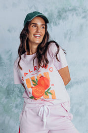 A model wearing the Palermo Cotton Tee in colour Lavender (Purple), from the front, showing the whole outfit