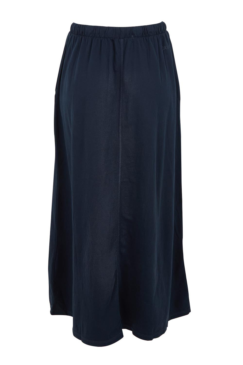 Product shot of the Evolve Cotton Skirt in colour Navy (Blue), from the back