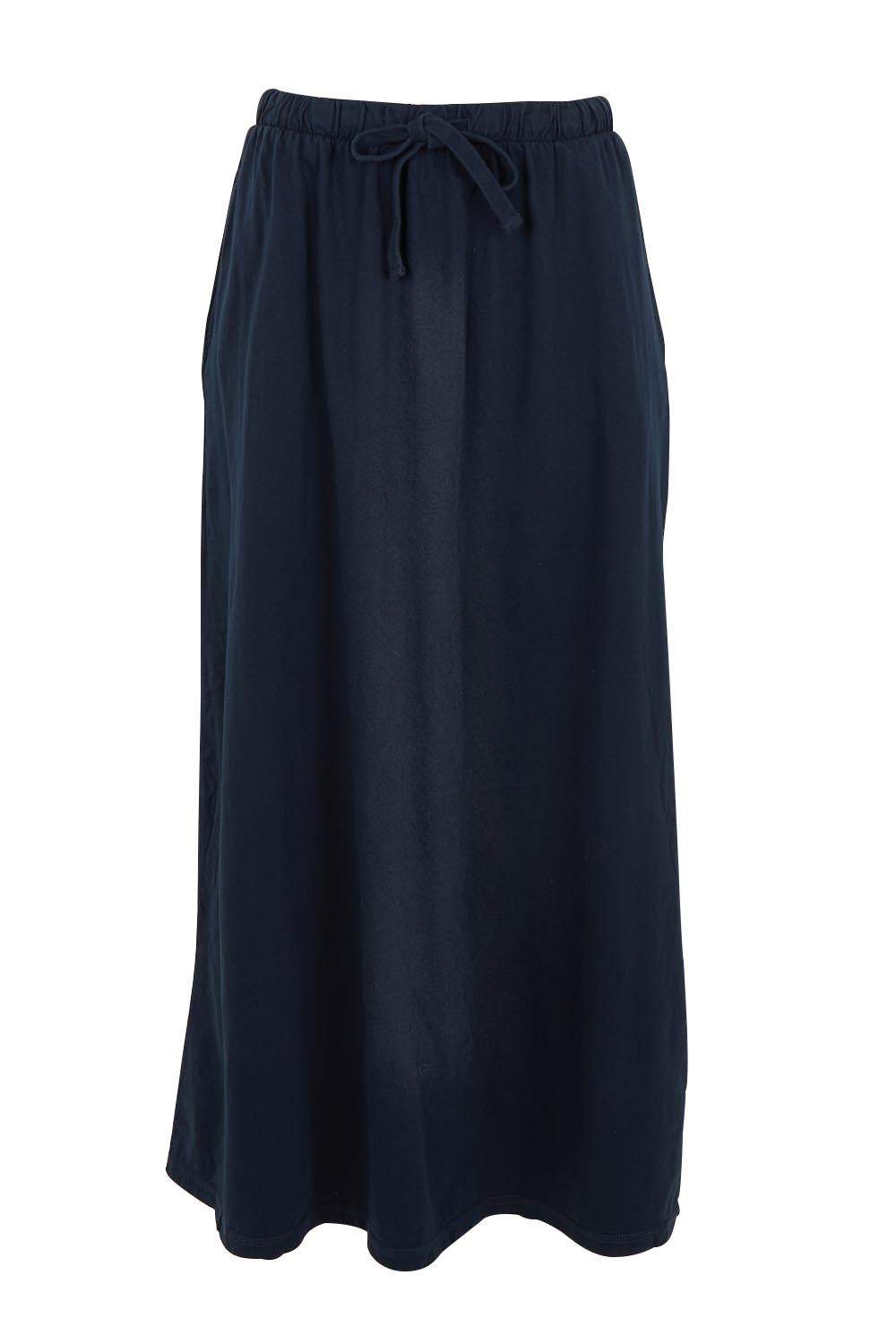 Product shot of the Evolve Cotton Skirt in colour Navy (Blue), from the front
