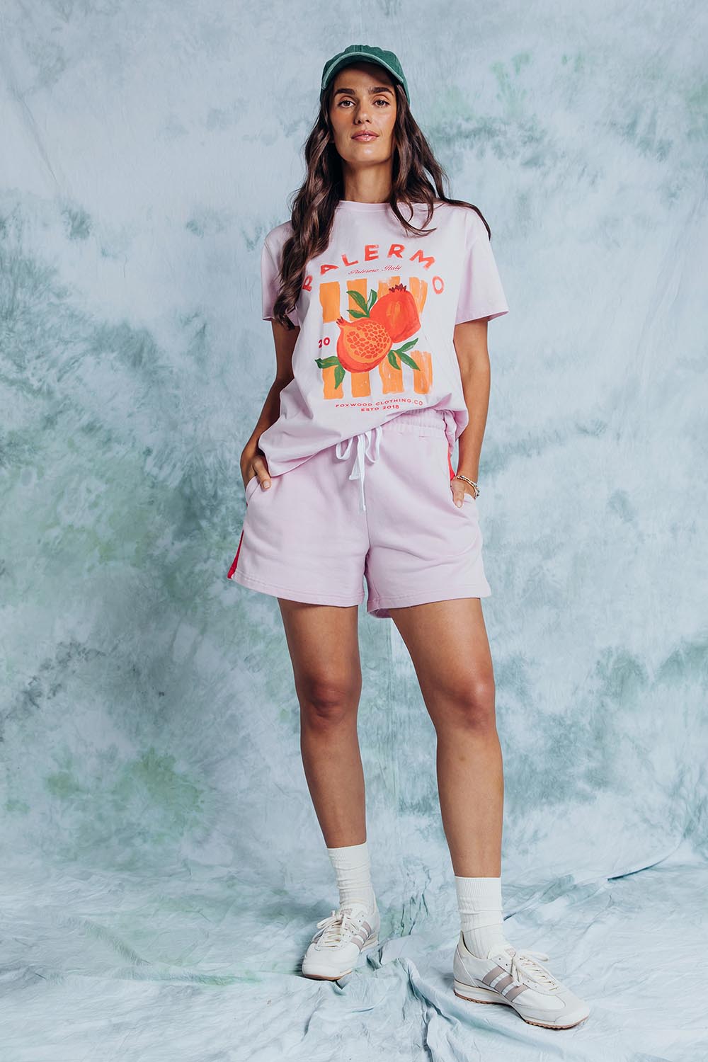 A model wearing the Palermo Cotton Short in colour Lavender (Purple), from the front, showing the whole outfit