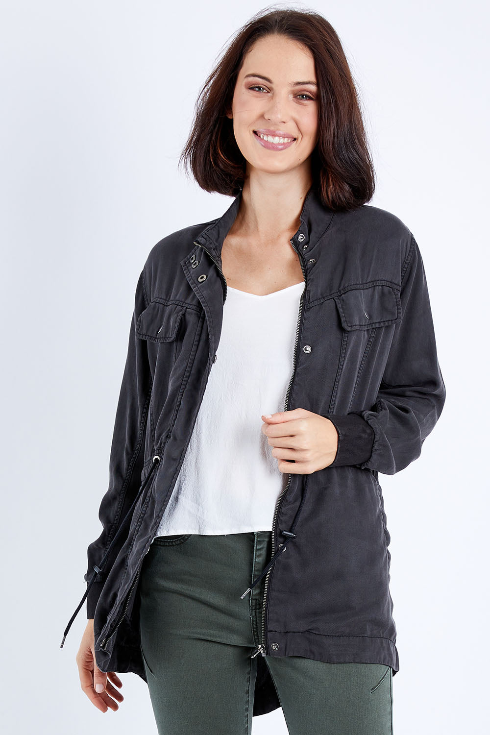 Model Andrea wearing size 10 of the Romeo Jacket in colour Black (Black), from the front, cropped image