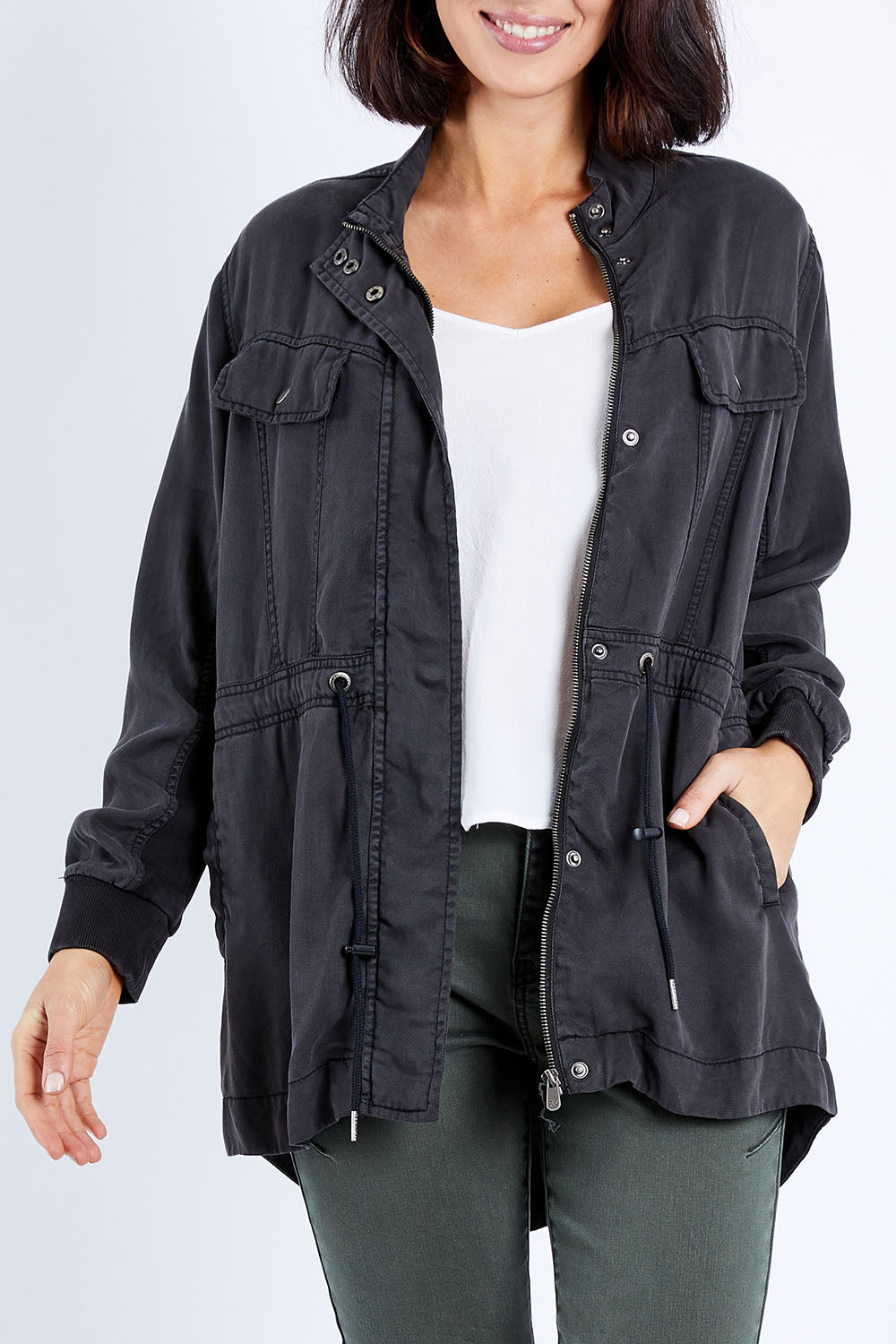 Model Andrea wearing size 10 of the Romeo Jacket in colour Black (Black), from the front, cropped image