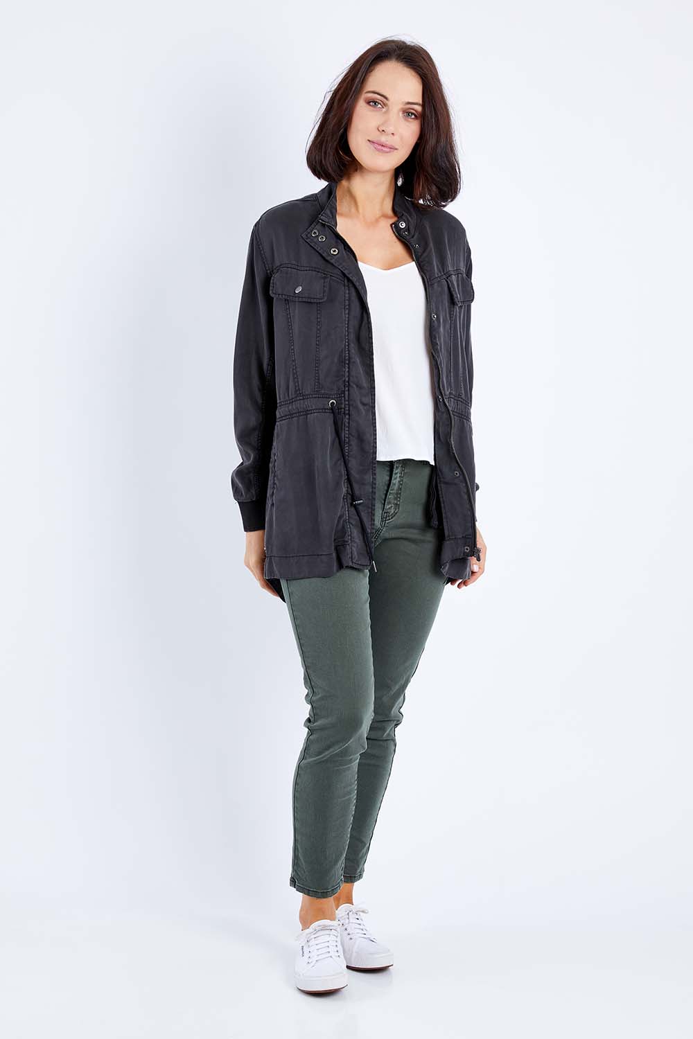 Model Andrea wearing size 10 of the Romeo Jacket in colour Black (Black), from the front, showing the whole outfit