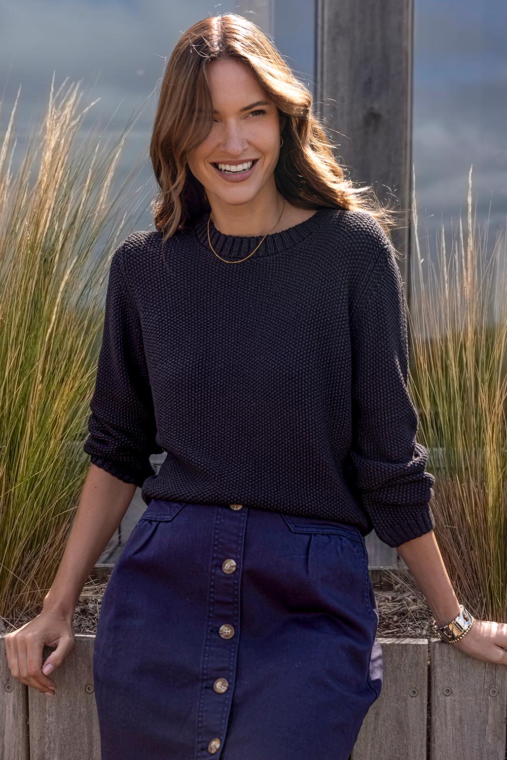 A model wearing the Blair Ls Knit in colour Black (Black), from the front, showing the whole outfit
