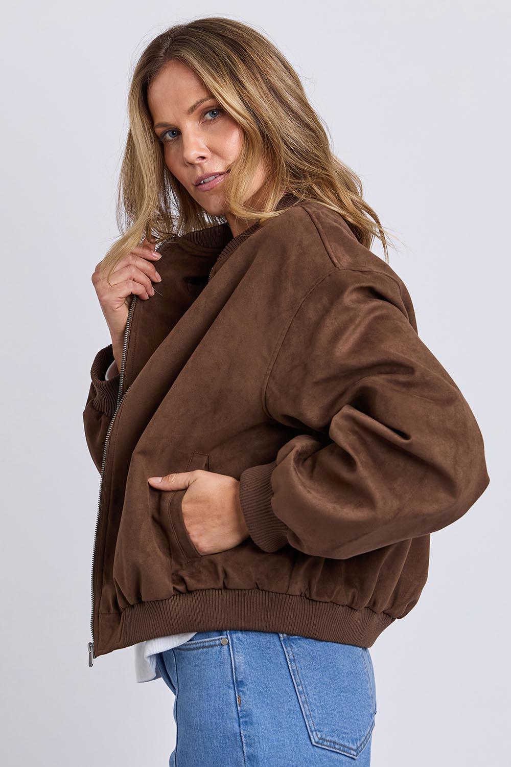 Evie Faux Suede Bomber – Chocolate