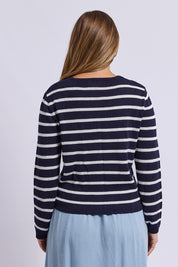 Model Genericm wearing size sample of the Eden Stripe Cardi – Dsapphire in colour Dsapphire, from the back