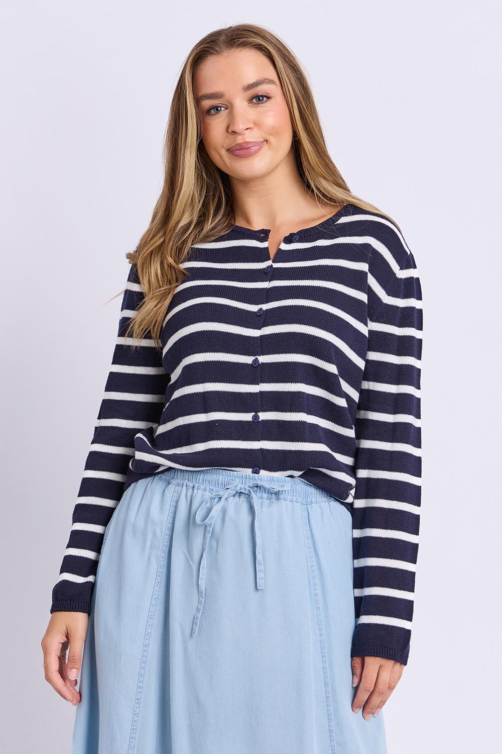 Model Genericm wearing size sample of the Eden Stripe Cardi – Dsapphire in colour Dsapphire, in a cropped view