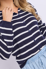 Model Genericm wearing size sample of the Eden Stripe Cardi – Dsapphire in colour Dsapphire, in a cropped view