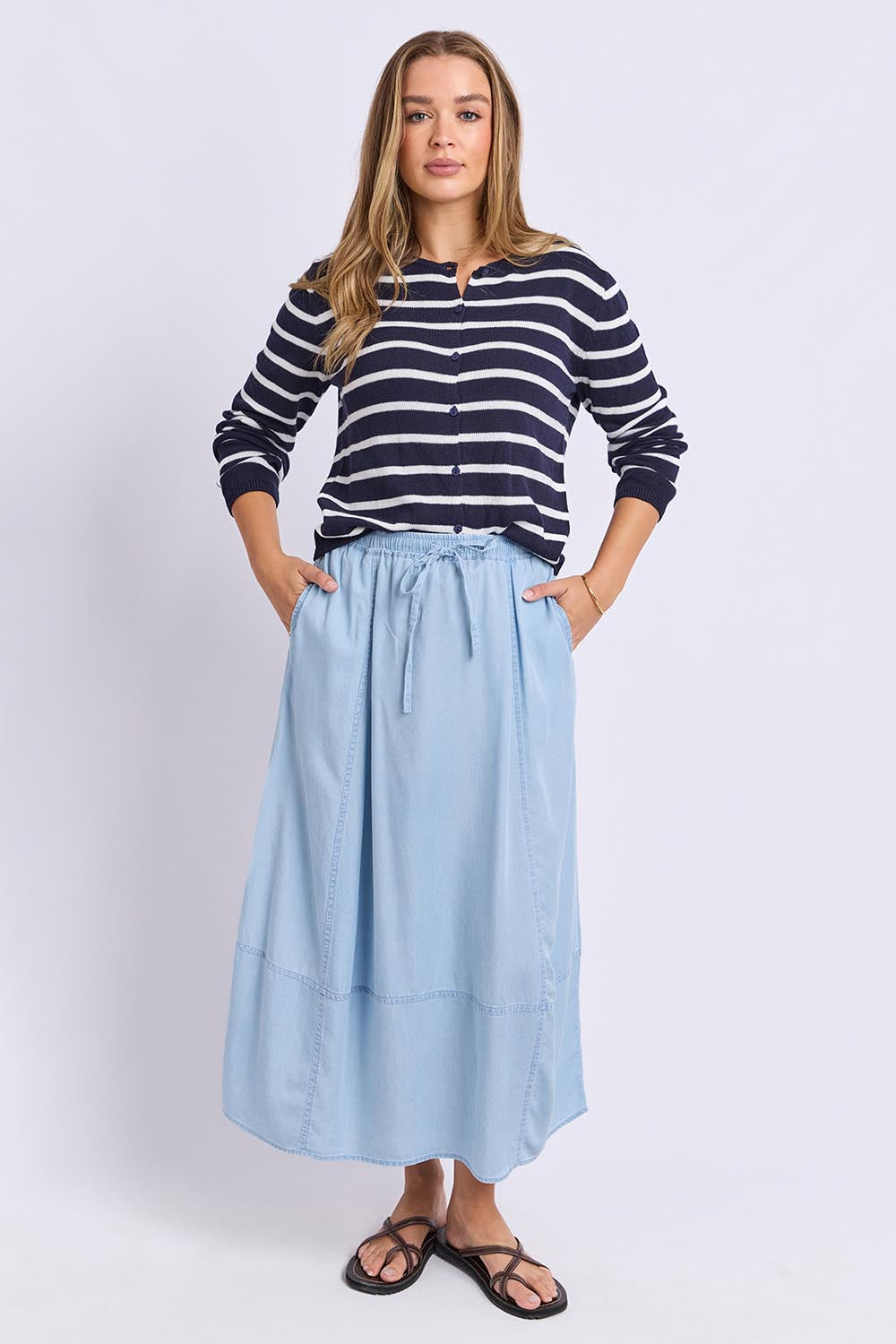 Model Genericm wearing size sample of the Eden Stripe Cardi – Dsapphire in colour Dsapphire, from the front