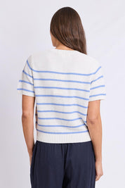 Model Genericm wearing size sample of the Blair Stripe Short Sleeve Knit – Whitestrip in colour Whitestrip, from the back