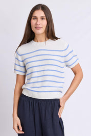 Model Genericm wearing size sample of the Blair Stripe Short Sleeve Knit – Whitestrip in colour Whitestrip, in a cropped view