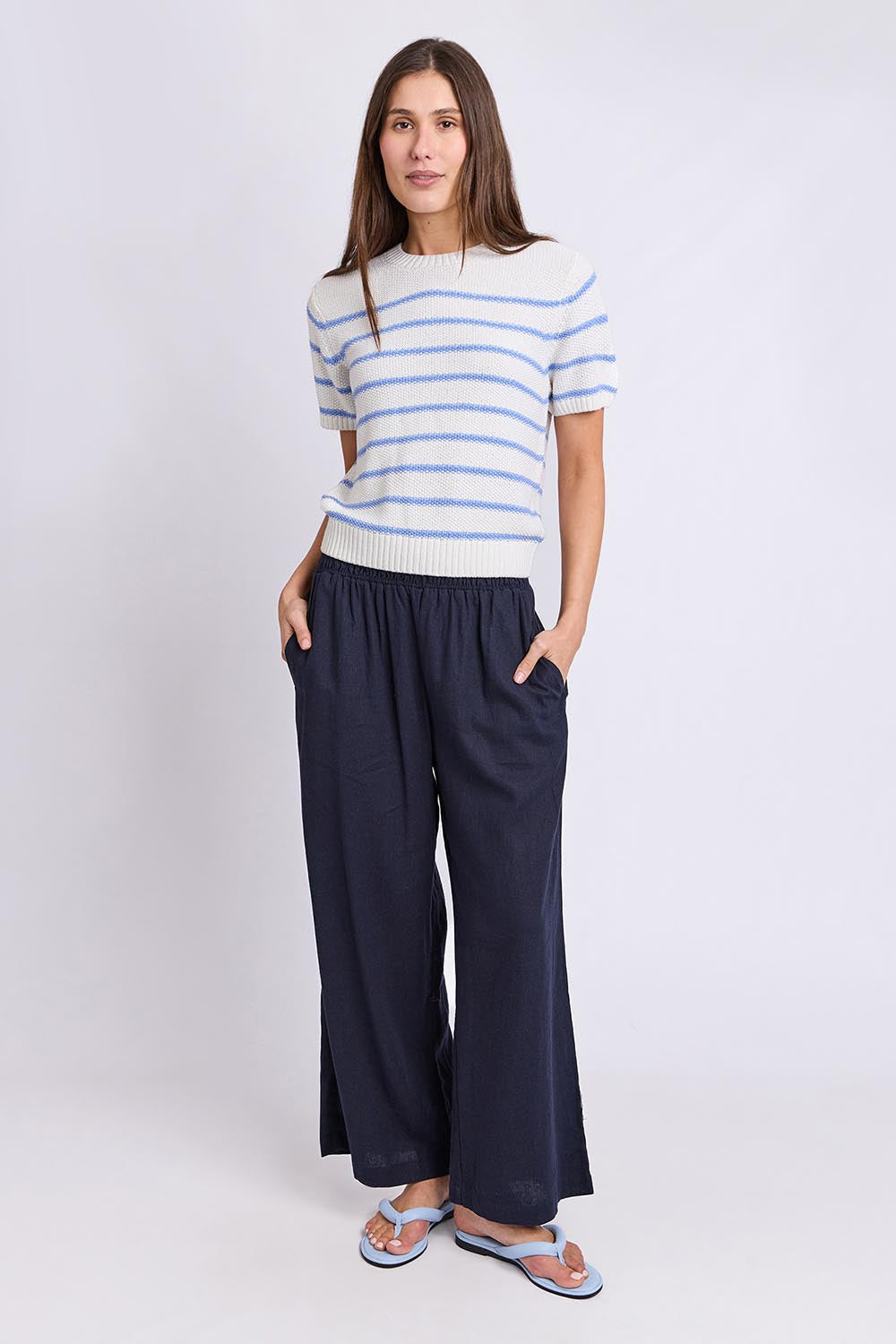 Model Genericm wearing size sample of the Blair Stripe Short Sleeve Knit – Whitestrip in colour Whitestrip, from the front