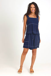 Model Pamelar wearing size 10 of the Sage Top – Dsapphire in colour Dsapphire, from the front