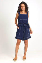 Model Pamelar wearing size 10 of the Sage Short – Dsapphire in colour Dsapphire, from the front