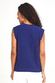 Model Pamelar wearing size 10 of the Vesper Knit – Deepblue in colour Deepblue, from the back