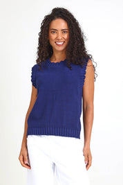 Model Pamelar wearing size 10 of the Vesper Knit – Deepblue in colour Deepblue, in a cropped view
