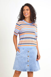 Model Pamelar wearing size 10 of the Bronte Stripe Top – Deepblue in colour Deepblue, in a cropped view