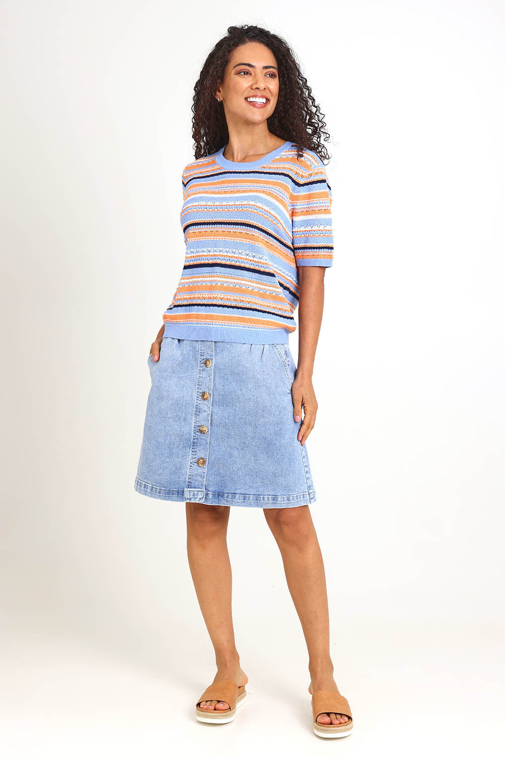 Model Pamelar wearing size 10 of the Bronte Stripe Top – Deepblue in colour Deepblue, from the front