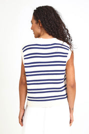 Model Pamelar wearing size 10 of the Flint Stripe Top – Vinwhite in colour Vinwhite, from the back