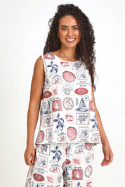 Model Pamelar wearing size 10 of the French Riviera Top – Frenchprin in colour Frenchprin, in a cropped view