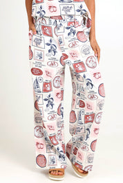 Model Pamelar wearing size 10 of the French Riviera Pant – Frenchprint in colour Frenchprint, from an angle