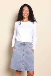 Model Pamelar wearing size 10 of the Elements Amanda Skirt - Vintage in colour Vintage, in a cropped view