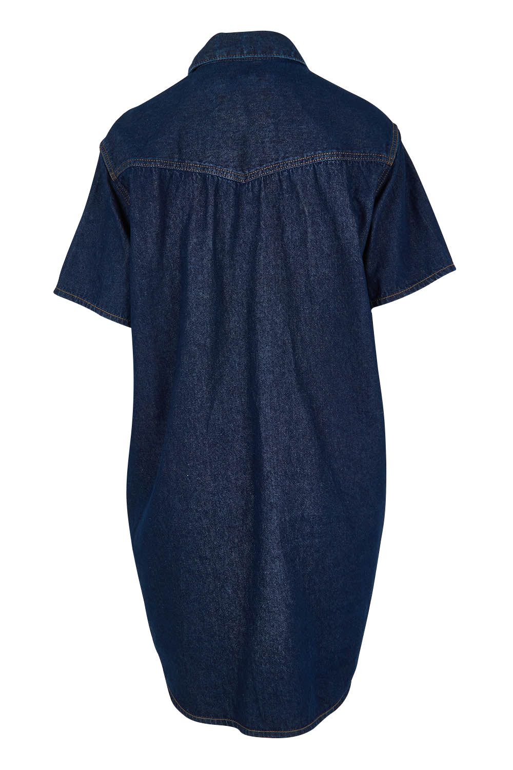 Product shot of the Sorcha Denim Dress in colour Indigoden (Blue), from the back