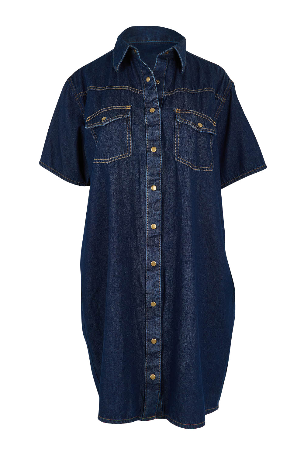 Product shot of the Sorcha Denim Dress in colour Indigoden (Blue), from the front