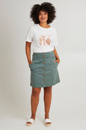 Model Olivia wearing size 10 of the Elements Amanda Skirt in colour Khaki (Green), from the front, showing the whole outfit