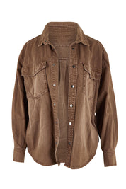 Product shot of the Daisy Denim Overshirt in colour Chocolate, from the front